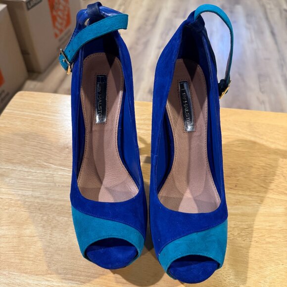 Halston Royal Blue Suede Peep Toe Heels – Size 6 – 5.5” Showstoppers - Picture 2 of 4